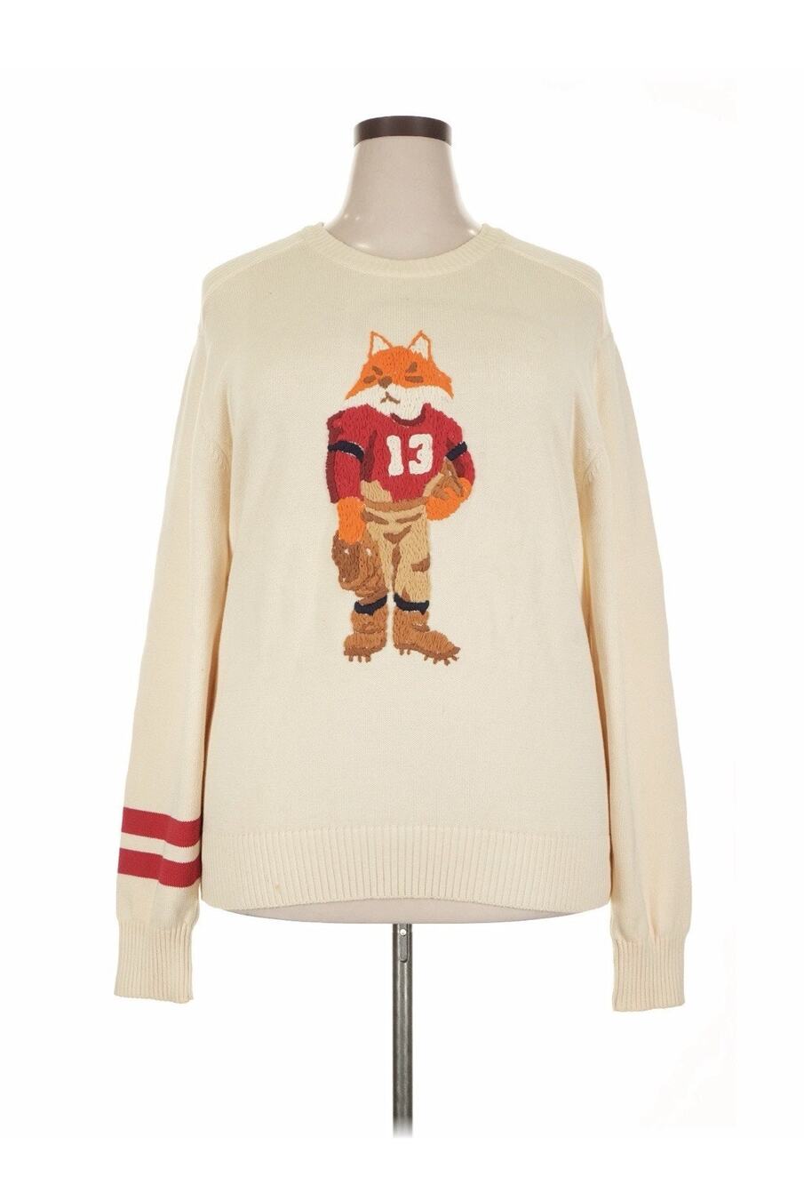 AKOO & Co. Football Fox Embroidered Sweater Cream Retro Varsity XXL 2XL